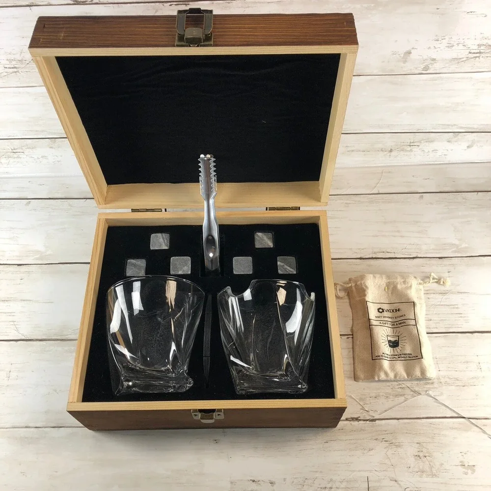 Whiskey and Cigar Gift Set Wood Box 2 Twisted Glasses Chilling Stones‎ Unused